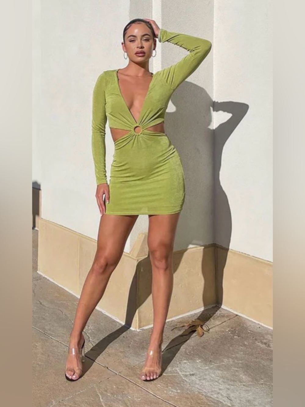 Princess Polly Lime Cutout Plunge Long-Sleeve Mini Dress Size 4